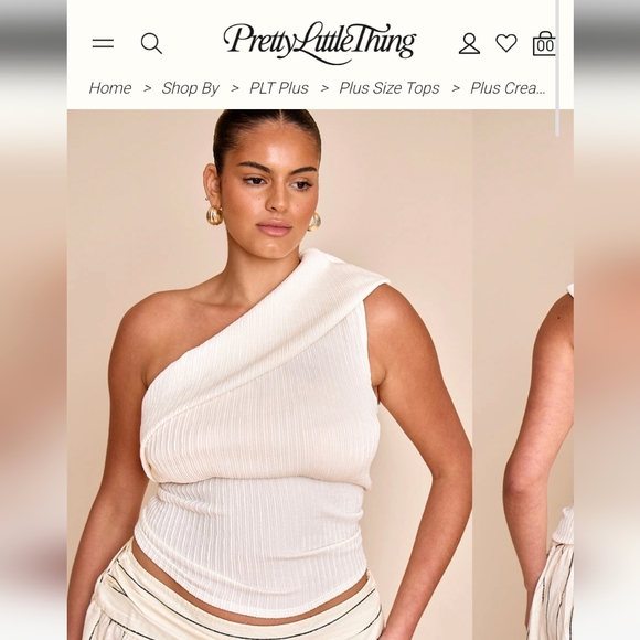 NWT PrettyLittleThing Plus Textured Fold Over One Shoulder Long Top, Crm Or Choc - Picture 1 of 9